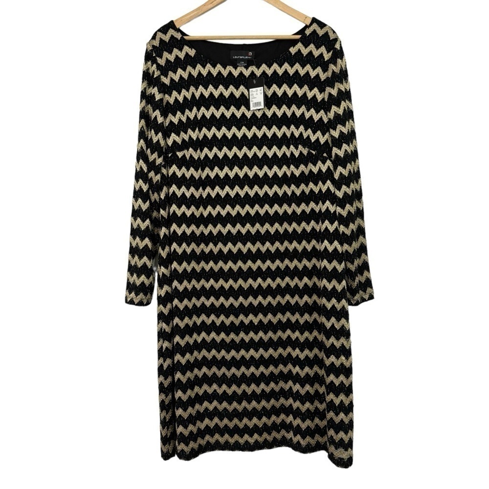 Laura Plus Long Sleeve Evening Gown 22W Black Gold Chevron Sparkle Party Dress